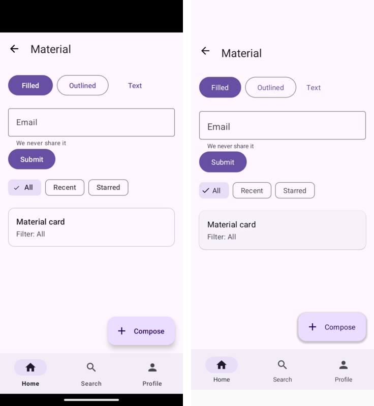 Material buttons, inputs, chips and cards from the same sources in the Android and Codename One builds