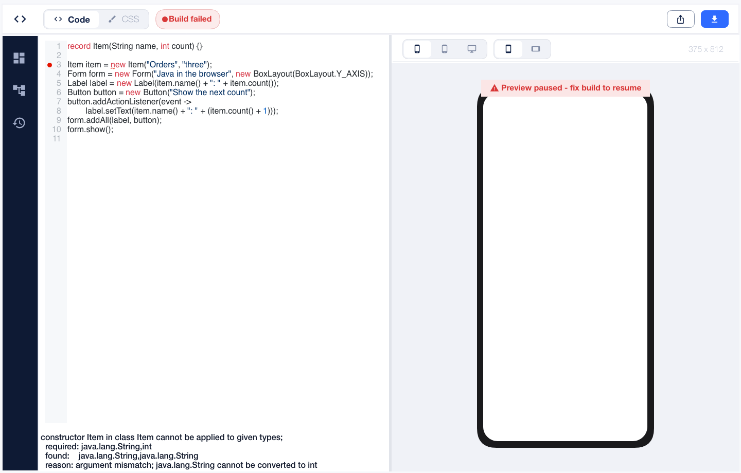 The Playground catches a String passed to a record constructor that expects an int