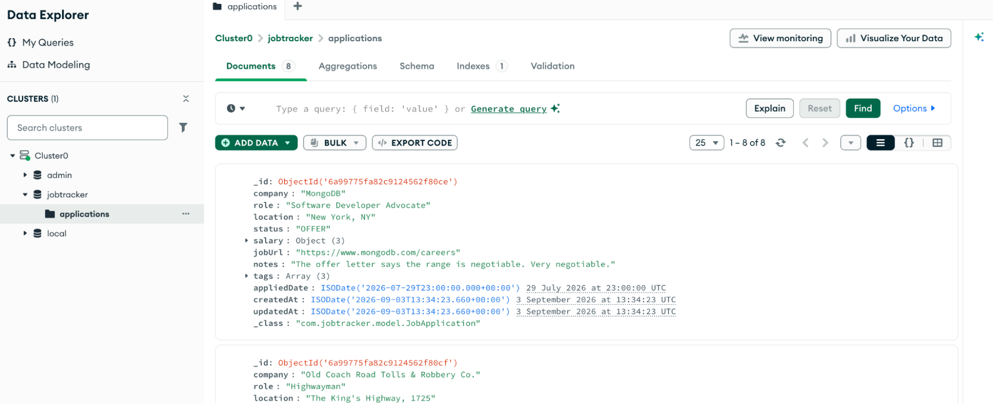 Screenshot of the Atlas Data Explorer showing the applications collection inside the jobtracker database, with eight documents including fields for company, role, location, status, salary, tags, and timestamps.