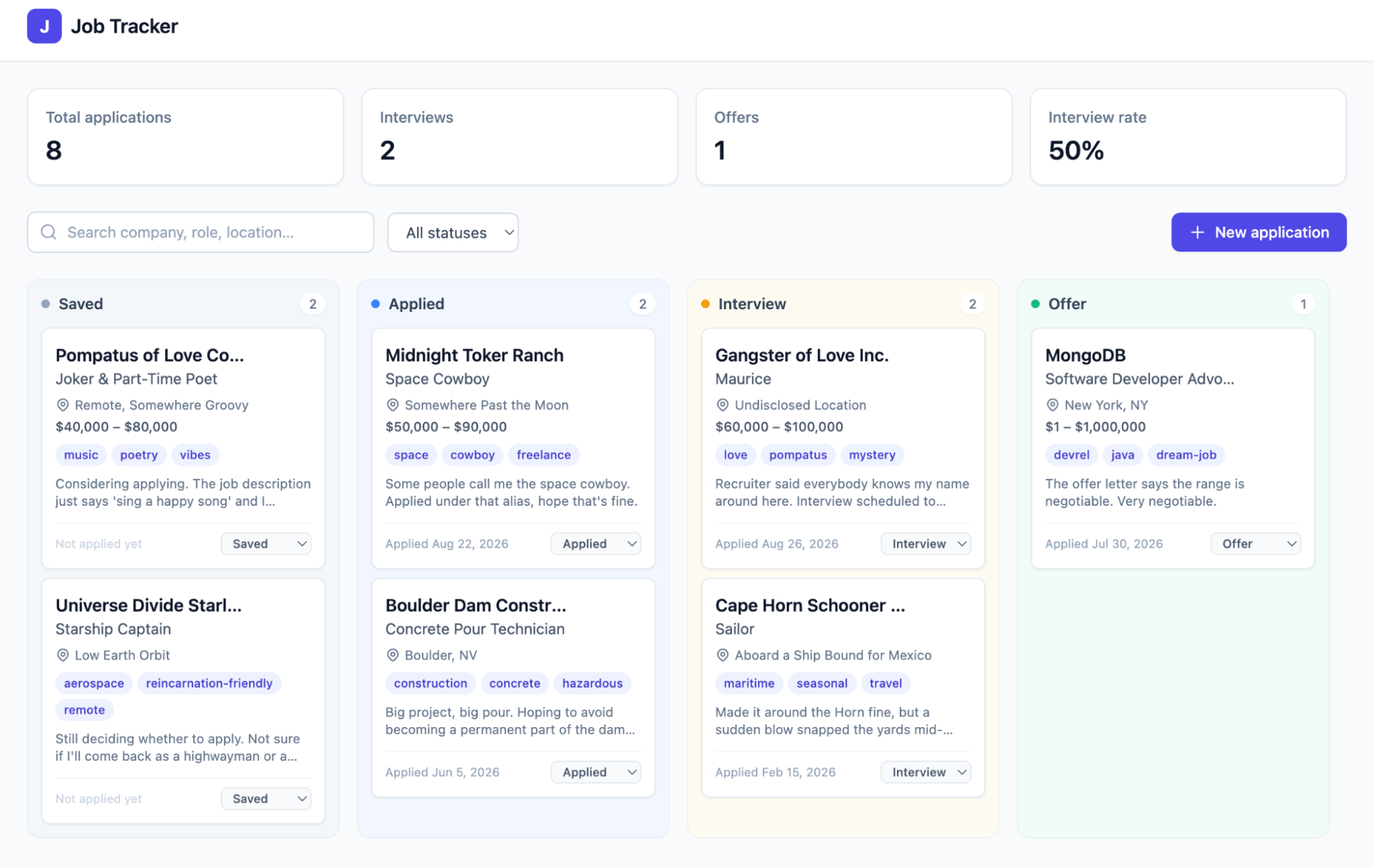 Screenshot of the finished Job Tracker app: a Kanban board with Saved, Applied, Interview, and Offer columns, summary stats for total applications, interviews, offers, and interview rate across the top, and a search bar with a status filter.