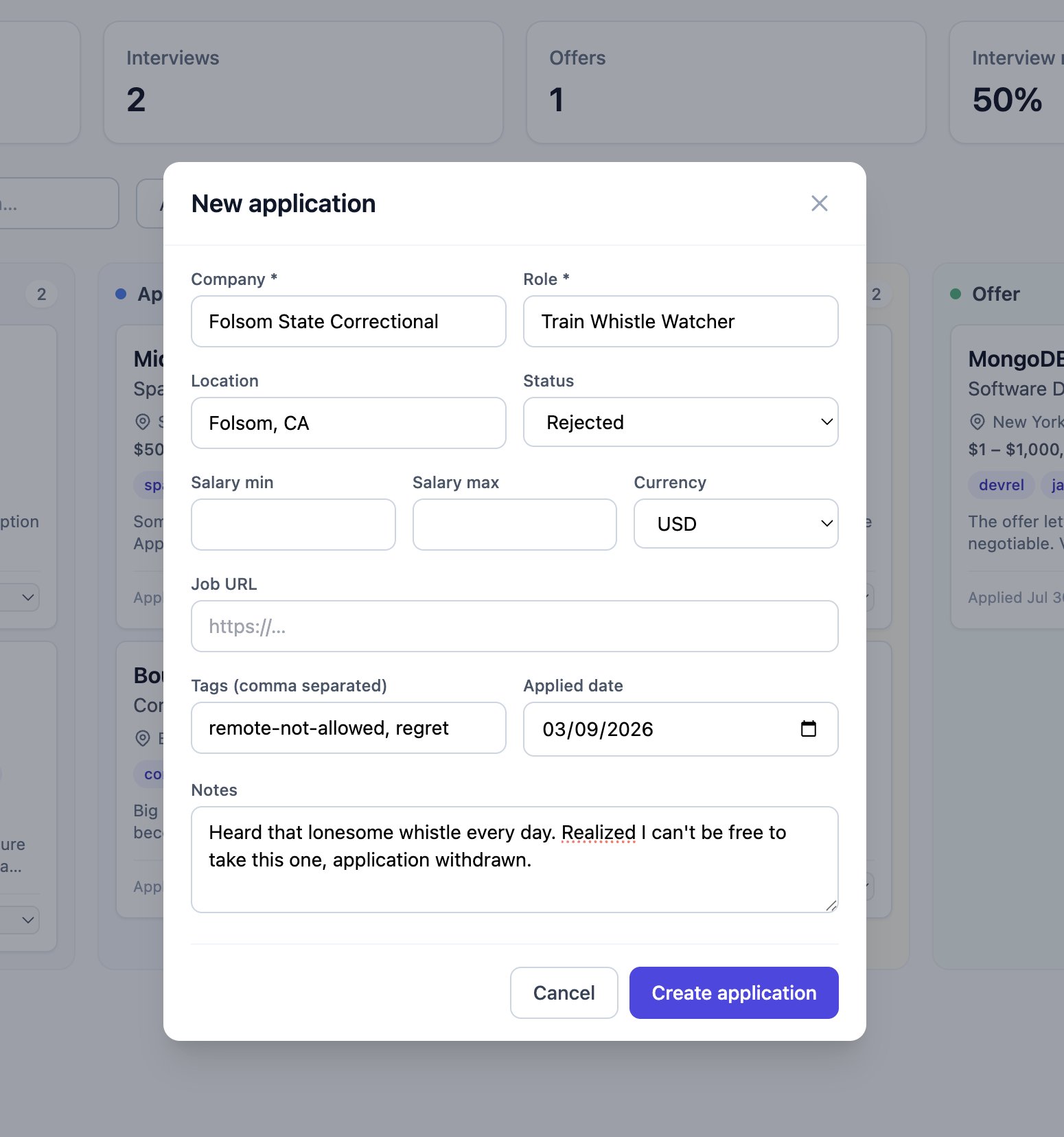 Screenshot of the Job Tracker “New application” modal, with fields for company, role, location, status, salary range and currency, job URL, tags, applied date, and notes.