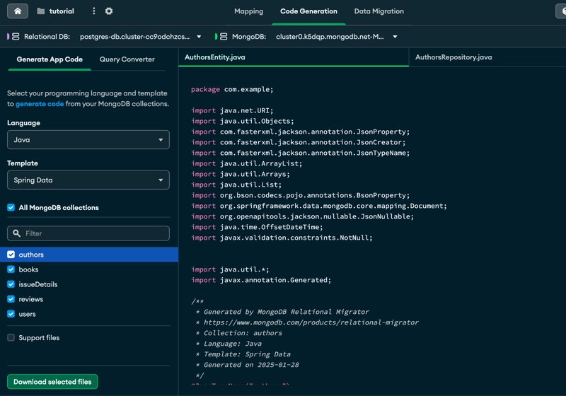 Screenshot from Relational Migrator tool performing the code generation
