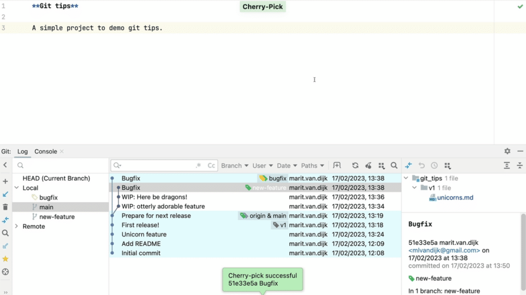 IntelliJ IDEA Git log showing the Bugfix commit on the bugfix branch and a message “Cherry-pick successful”.