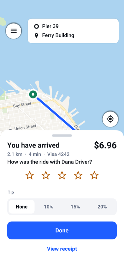 Rate the completed ride and choose a tip.
