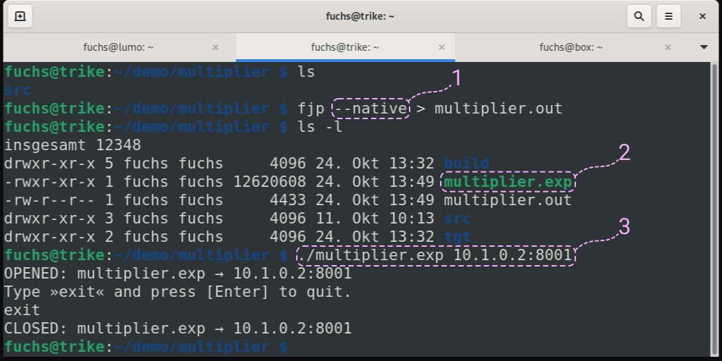 Running the native executable multiplier.exp built by using FEPCOS-J: Calling fjp –native within the project directory causes the execution of native-image, which generates the native executable multiplier.exp. Further, the file multiplier.out contains the piped output for subsequent evaluation. Running multiplier.exp provides access to the system internet socket 10.1.0.2:8001, which is specified as a parameter.