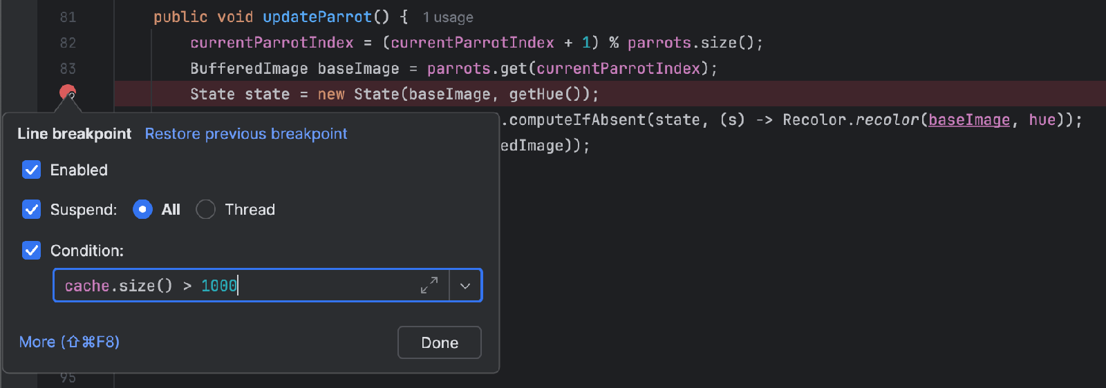 Breakpoint settings dialog with a condition