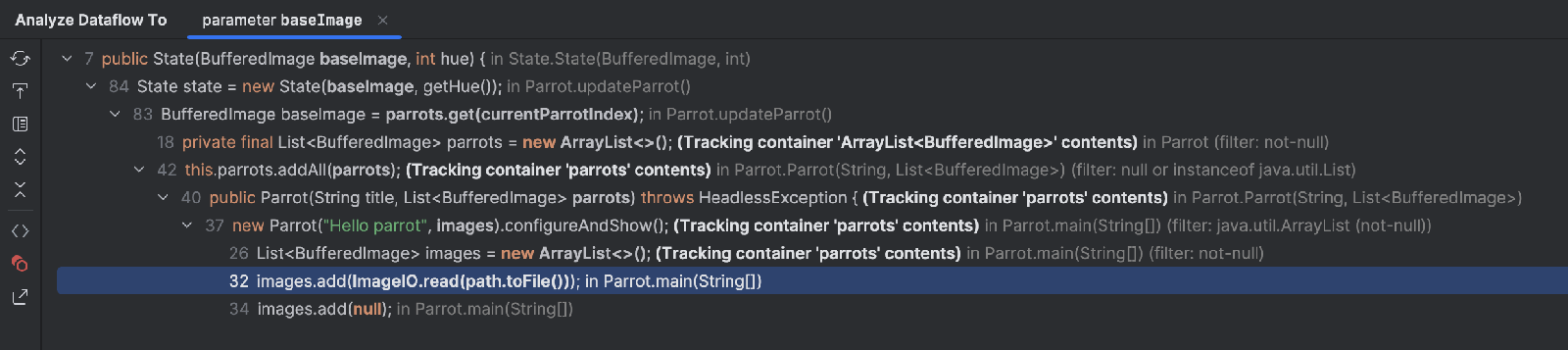 'Analyze dataflow to' tool window shows possible sources of values as nodes
