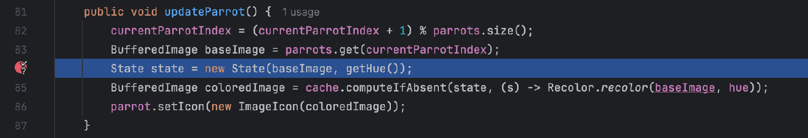 A highlighted line indicates that breakpoint worked and the debugger suspended the application