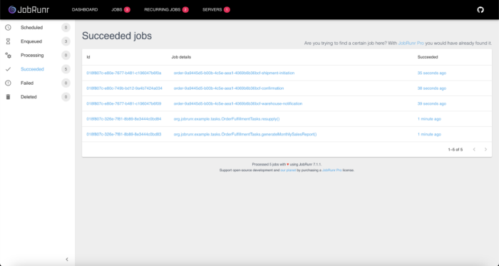 The jobs page on the dashboard of JobRunr task scheduler in Java