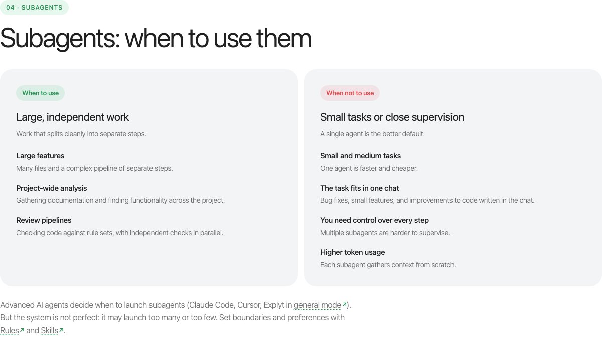 Slide: subagents make sense for large independent work and review pipelines; a single agent is the better default for small tasks and closely supervised work