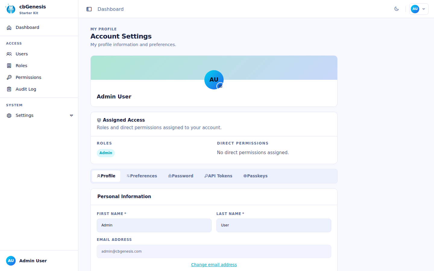 Profile: avatar, passkeys, API tokens