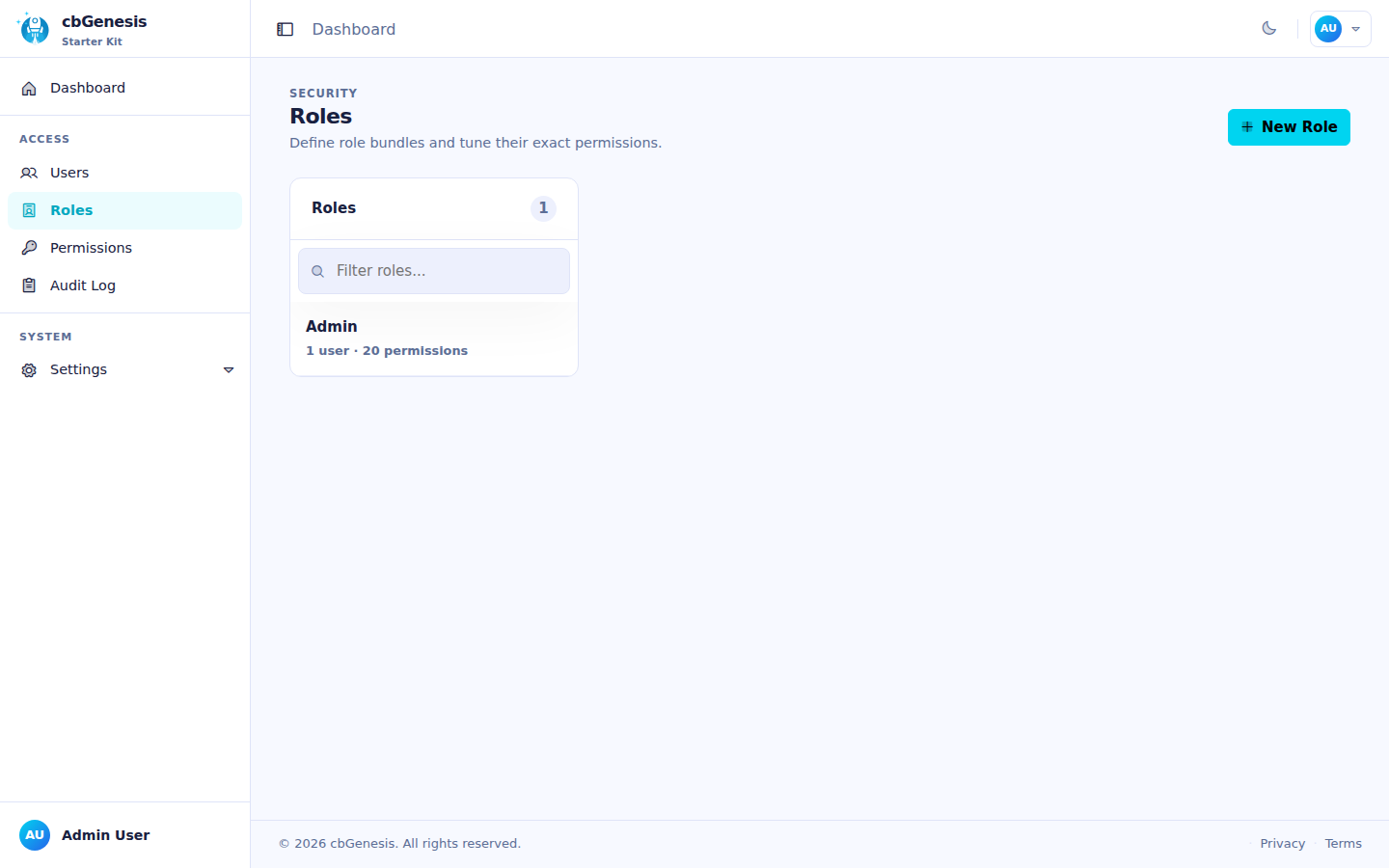 Roles: group permissions, assign users