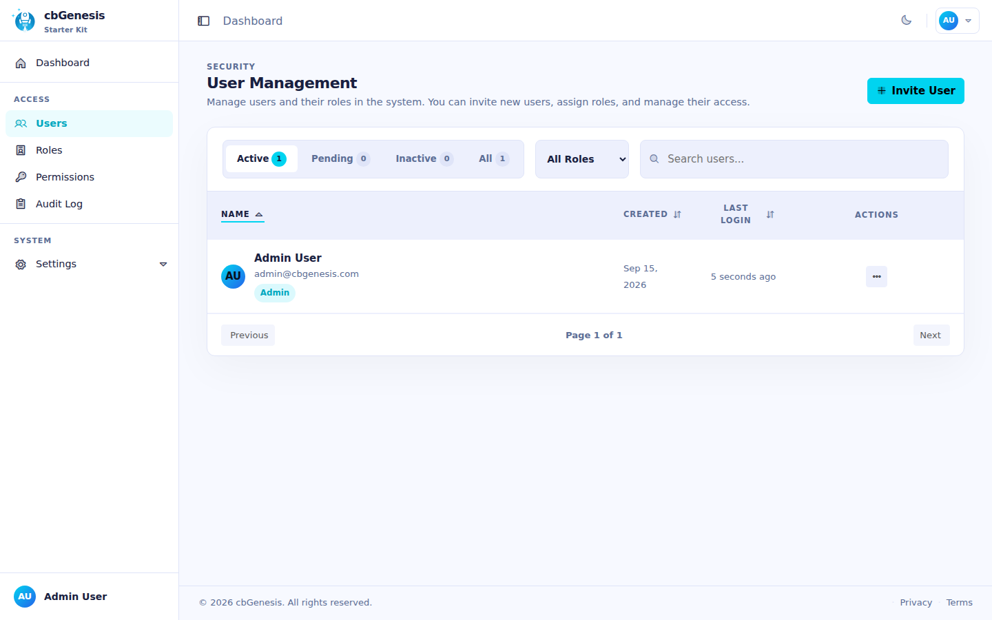 Users: search, invite, manage accounts