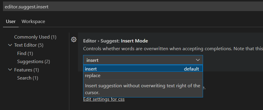 Insert replace code completion