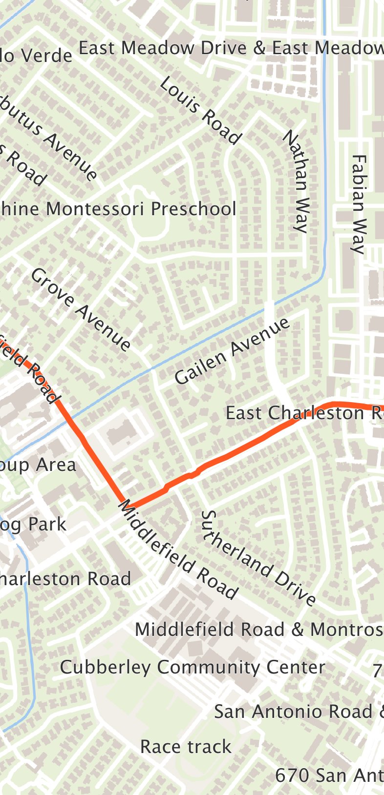 Road names follow the vector streets and remain visible over the route