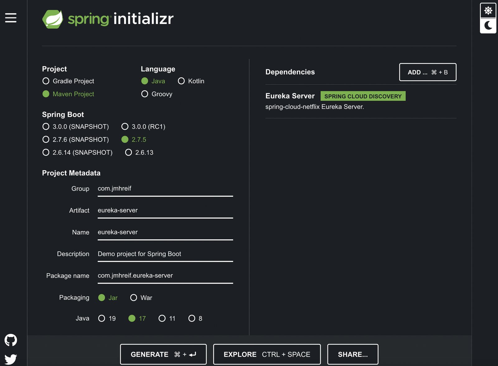 Spring Initializr Eureka server project