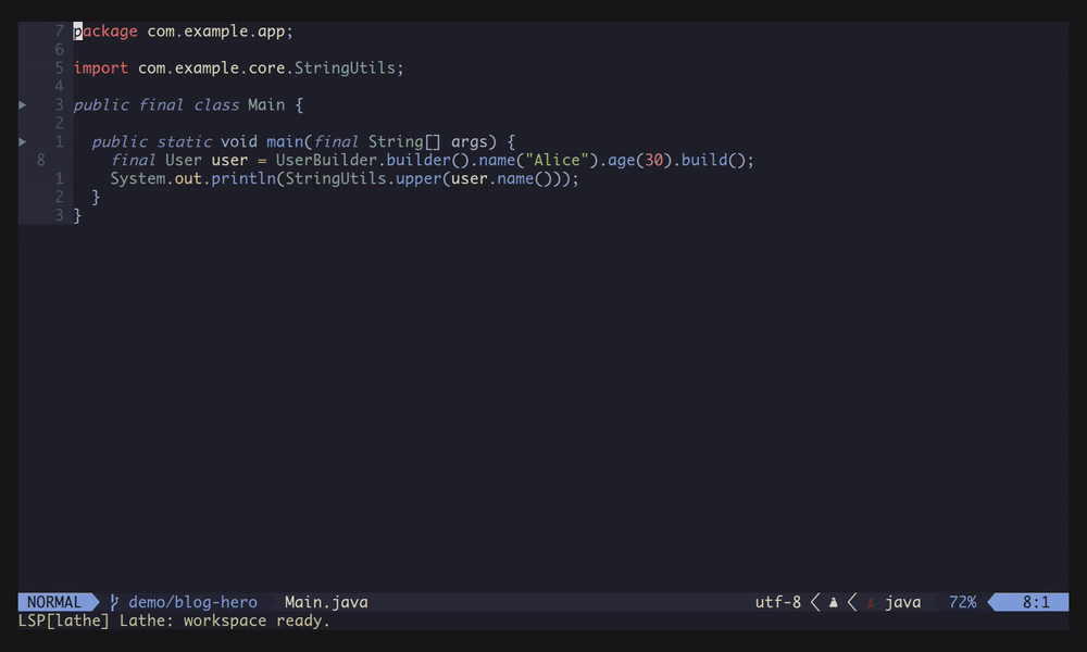 Lathe in Neovim: completion from the Maven build, a live javac diagnostic on a type mismatch, then a test file running green — all with no project import