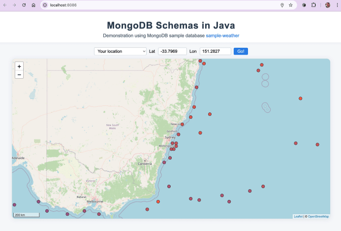 A web application showing a map of Australia with red temperature markers, featuring coordinate input fields and titled 'MongoDB Schemas in Java' demonstrating weather data visualization.