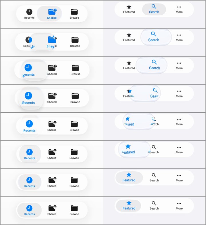 Fixed stages of the iOS 26 native and Codename One tab selection morph