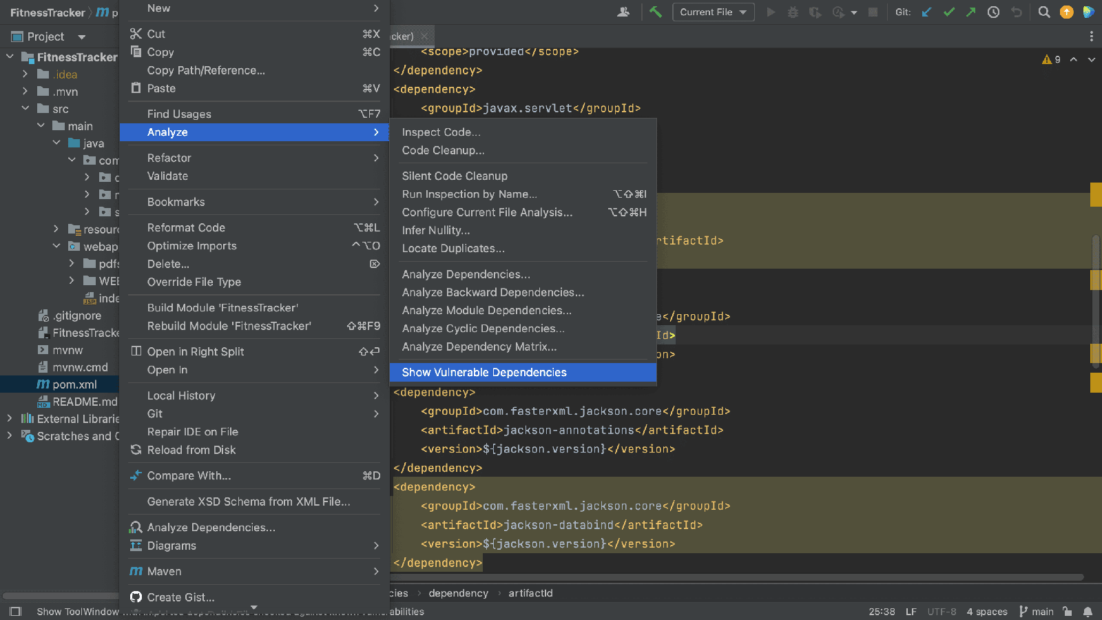 Open Vulnerable Dependencies tool window from pom.xml Open Vulnerable Dependencies tool window from pom.xml