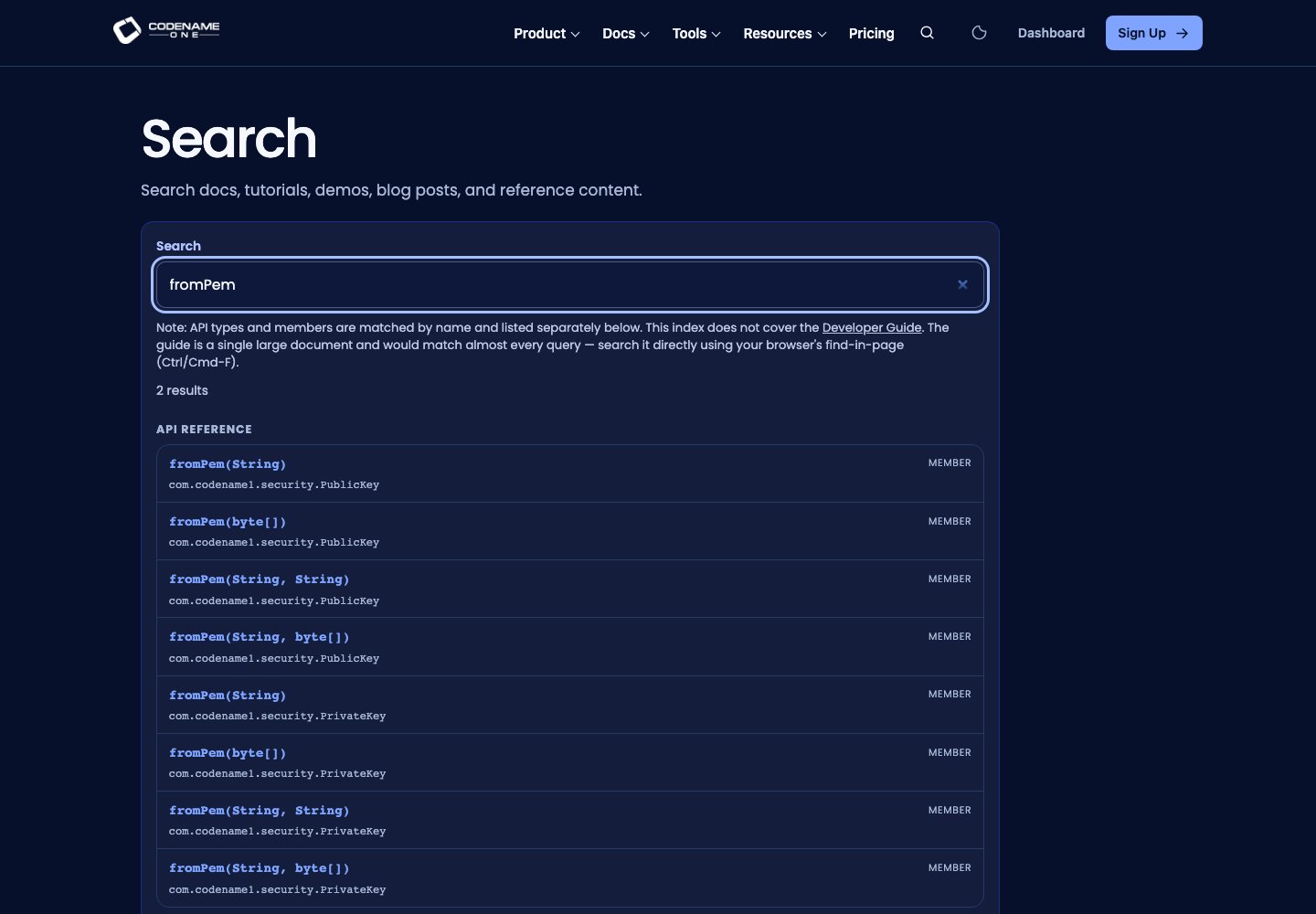 Website search finds PublicKey and PrivateKey fromPem members