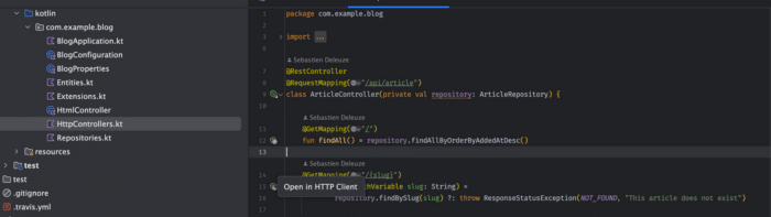 The 'Open in HTTP Client' option in the gutter of our IDE
