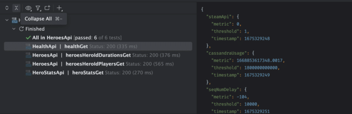 Results of running a query against the Health endpoint