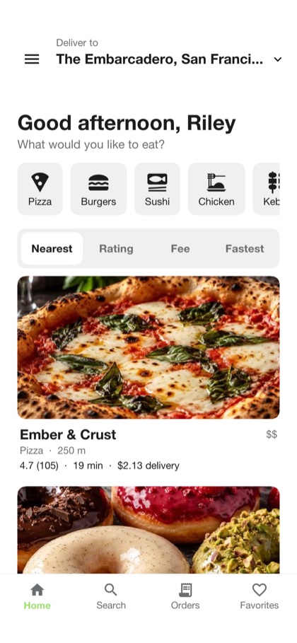 The Savor home screen with food categories and restaurants