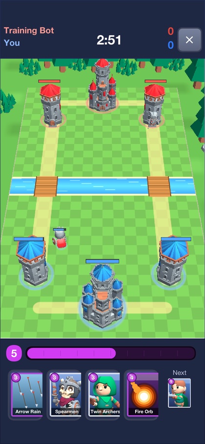 A Skirmish battle with towers, troops and a hand of cards