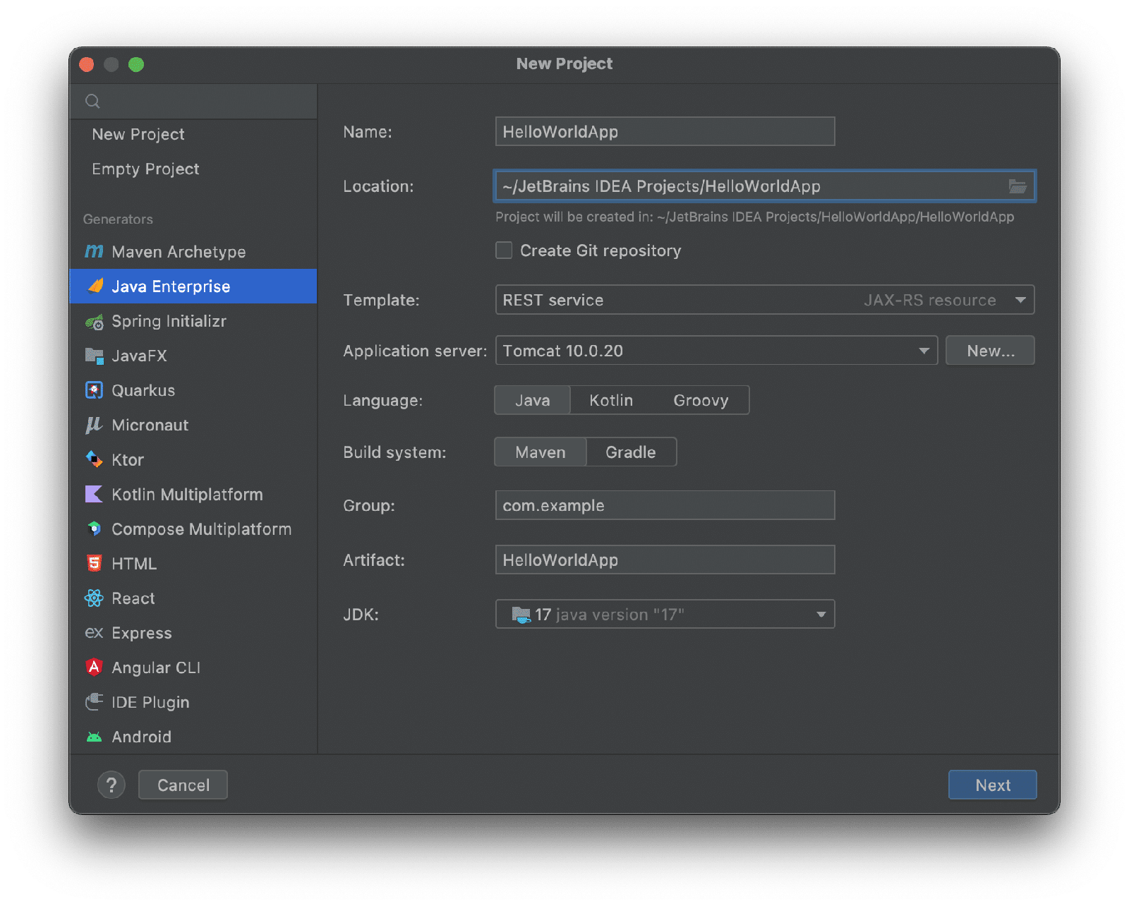 New Tomcat project dialog