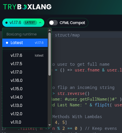 TryBoxLang version picker