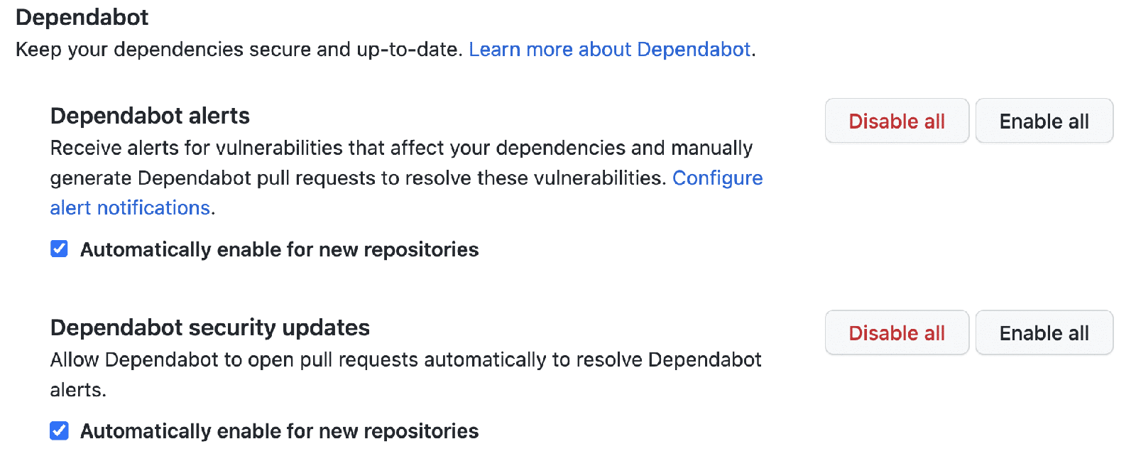 Dependabot settings on GitHub