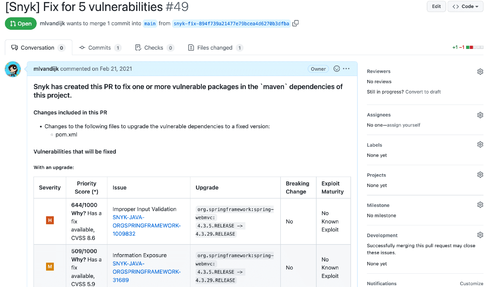 Snyk Open Source combined PR