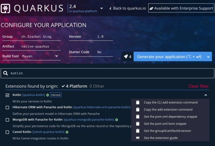 Quarkus new project