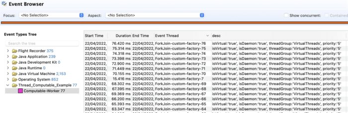Image 3.: ComputableTaskEvent emitted by the task. It shows the Virtual Threads usage. Virtual Threads are served by the factory (Example 5.)