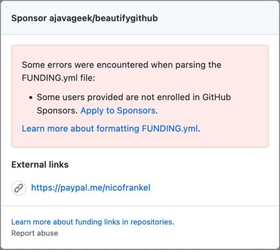 screenshot of github sponsors error dialogue box