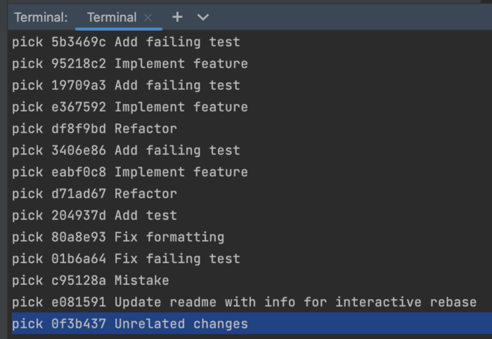 Terminal with vi editor open, showing a list of commits. The bottom commit is highlighted.