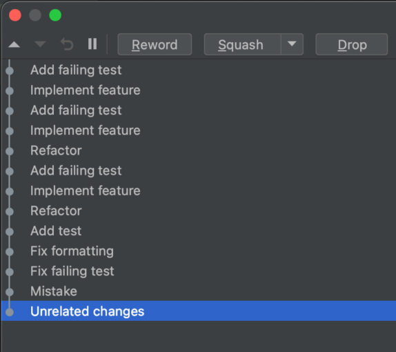List of commits in the "Rebase Commits" dialog window, with the  selected commit moved down.