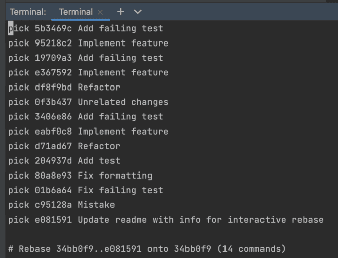 Terminal with vi editor open, showing a list of commits.