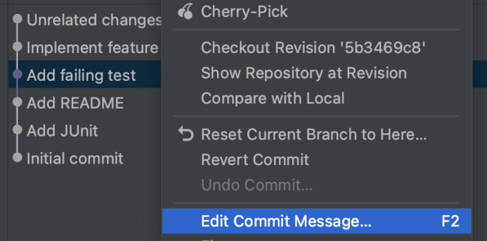IntelliJ IDEA context menu with option "Edit Commit Message" highlighted. 