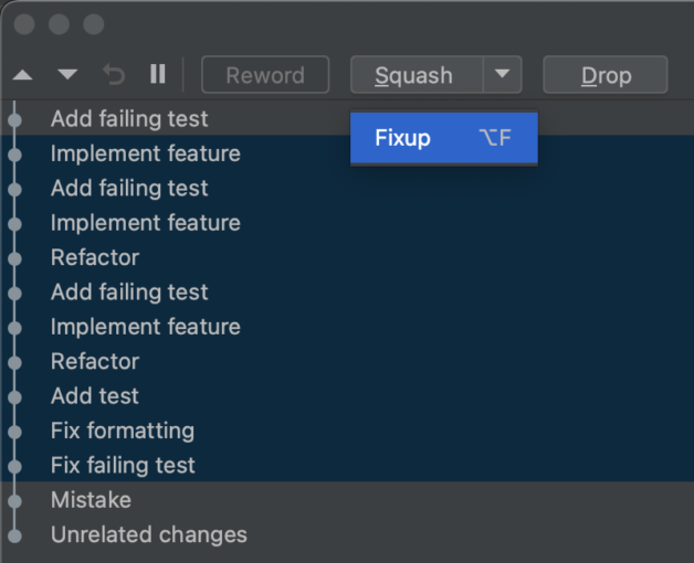 The Squash dropdown selected, with the Fixup option selected in the "Rebase Commits" dialog window.