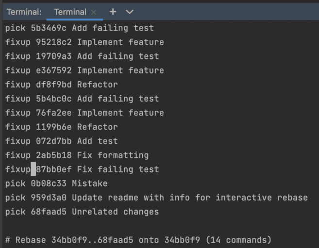 Terminal with vi editor open, showing a list of commits. For several commits `pick` is replaced with `fixup`.