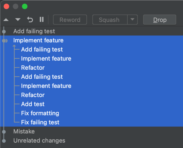 List of selected commits in the "Rebase Commits" dialog window, shown in a tree structure ready for Fixup.