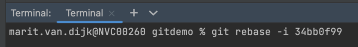 Terminal with the command `git rebase -i 34bb0f99`