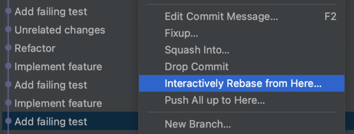 IntelliJ IDEA context menu with the option "Interactively Rebase from Here..." highlighted in blue