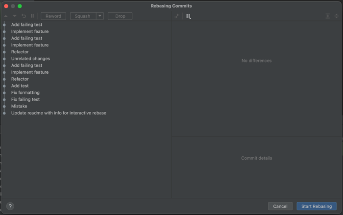 IntelliJ IDEA "Rebase Commits" dialog