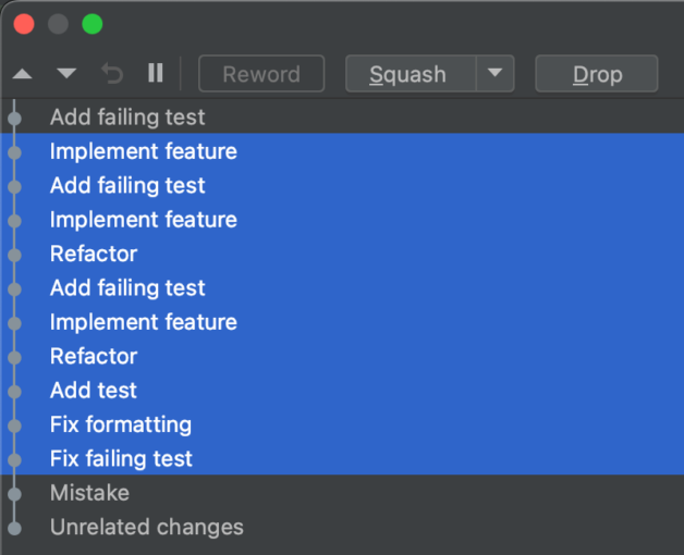 List of commits in the "Rebase Commits" dialog window, with several commits in a row selected.