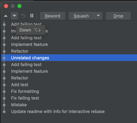 List of commits in the "Rebase Commits" dialog window, with one commit selected.