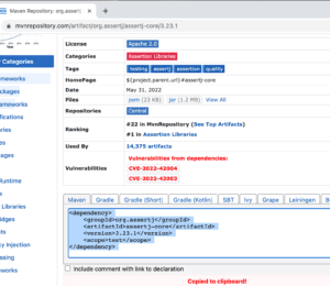 MvnRepository website showing the AssertJ dependency in Maven format.