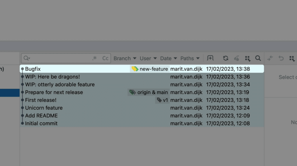 IntelliJ IDEA Git log window showing a bugfix commit on a new-feature branch